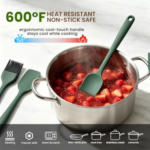 Silicone Spatula Set,9-Piece BPA Free Food Grade Heat Resistant Spatulas for Cooking Baking,Seamless One Piece Design,Non-Stick Safe,Dishwasher Safe,Withstands -104°F to 600°F（Green） - color: Green