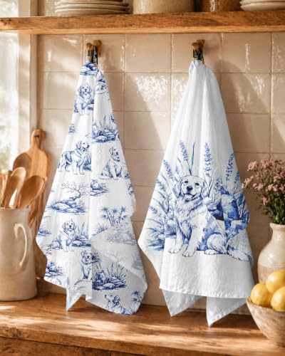 Flour Sack Kitchen Towels Set of 2, 18x26 Inch, Golden Retriever | 150GSM Cotton, Lint-Free, Quick Dry, Hanging Loop, Lightweight Tea Towels, French Home Decor, Chinoiserie, Housewarming Gift - color: Golden Retriever