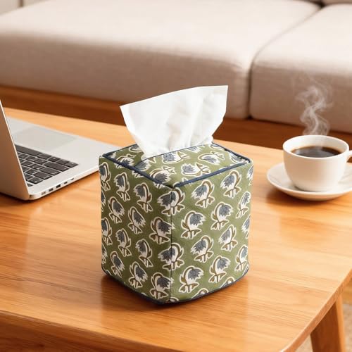 Green Fabric Tissue Box Cover - Floral Print Tissue Box & Decorative Square Napkin Holder Handmade Cotton for Home Bedroom Vanity Countertop Night Stands Office - style: Green