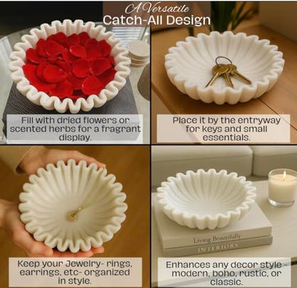 SWADESHI BLESSINGS Handcrafted Marble Ruffle Bowl for Home Decor, 6" | 100% Real White Marble, Catch-all Scalloped Fluted Decorative Bowl for Ring Dish, Fruit Bowl, Coffee&Dining Table, Gift-Ready - size: 6 Inches