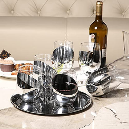 MyGift Modern Stemless Wine Glass Set of 6, White or Red Wine Glasses with Silver Metallic Bottom Angled Design - color: Silver- (Set of 6)