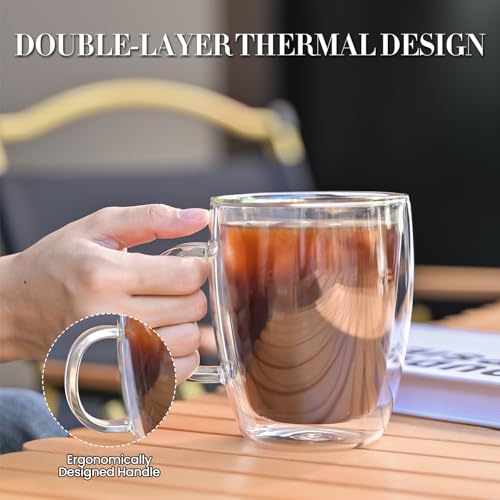 YUNCANG Double Wall Coffee Mugs, (4-Pcak) 16 Ounces-Clear Glass Cups with Handle,lnsulated,Cappuccino,Tea,Latte Cups,Beverage Glasses Heat Resistant - style: 4PACK-16oz