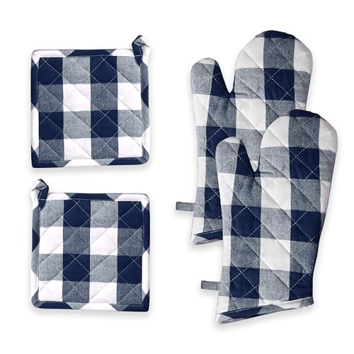 Oven Mitt & Pot Holder Buffalo Plaid Check 100% Cotton Heat Resistant Oven Gloves (7"x13") & Hot Pads (8"x8") Combo for Baking, Cooking - Navy - color: Navy Buffalo Plaid