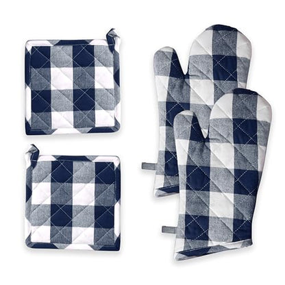 Oven Mitt & Pot Holder Buffalo Plaid Check 100% Cotton Heat Resistant Oven Gloves (7"x13") & Hot Pads (8"x8") Combo for Baking, Cooking - Navy - color: Navy Buffalo Plaid