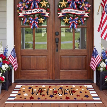 Tinideya 2 Pcs Long 4th of July Layered Outdoor Doormat Set, 250th Anniversary Patriotic Star Coir Welcome Mat with Red White Blue Stripe Rug for Independence Day Front Porch Entryway Home Decor - style: Star
