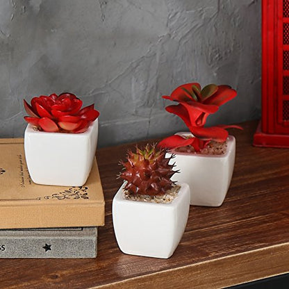 MyGift Assorted Artificial Red Succulent Plants, Mini Fake Desert Plants in White Square Pots, Set of 3 - color: Red (Set of 3)