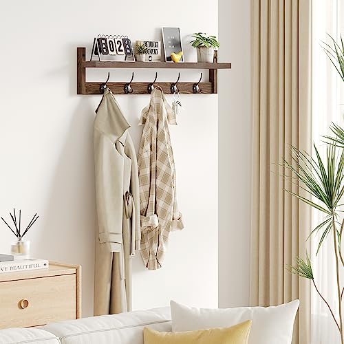 AMBIRD 28.9 Inch Length Shelf with Hooks Entryway Coat Rack Wall Mount Wood Coat Hooks with Shelf Wall-Mounted Coat Hook Rack with 5 Dual Hooks for Bathroom, Living Room, Bedroom (Brown) - size: 28.9inch, style: Retro Brown