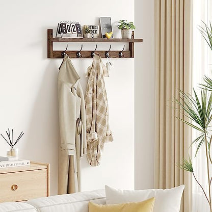 AMBIRD 28.9 Inch Length Shelf with Hooks Entryway Coat Rack Wall Mount Wood Coat Hooks with Shelf Wall-Mounted Coat Hook Rack with 5 Dual Hooks for Bathroom, Living Room, Bedroom (Brown) - size: 28.9inch, style: Retro Brown