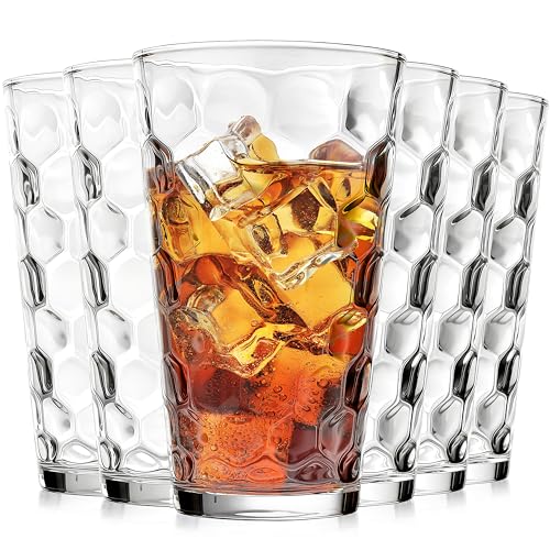ALINK 16 oz Drinking Glasses, Set of 6 Highball Glass Cups Bar Glasses, Clear Heavy Base Stemmed Water Glasses for Beer, Iced Coffee Cups, Cocktail Glasses, Wine, Iced Tea, Dishwasher Safe - style: Hexagon Design