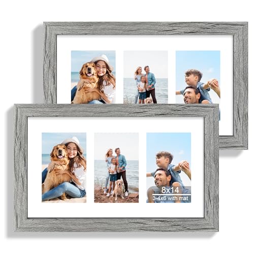 Hongkee 8x14 Picture Frame Set of 2, Rustic Grey Wood Frame with Glass Collage Frame, Display Pictures 3-4x6 With Mat or 8 x 14 Without Mat - Horizontal or Vertical Wall Mounting - color: Grey, size: 8x14 in matted to 3-4x6