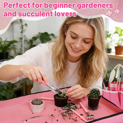 ANPHSIN 44pcs Small Gardening Tools Gifts for Women Beginners, Pink | Garden Hand Tools Set for Indoor Succulent, Bonsai, Plants Transplanting, Included Bag/Repotting Mat/Shovel/Labels - color: Pink