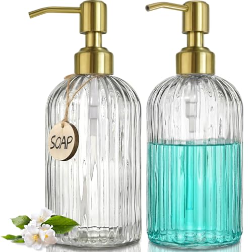 JASAI 2PACK 18Oz Fluted Glass Soap Dispenser with Golden Rust Proof Pump | Refillable Kitchen Soap Dispenser with Vertical Stripe, Bathroom Soap Dispenser for Hand Soap, Dish Soap, liquid Soap, Lotion - color: Clear-golden Pump-2p, size: 2 Pack