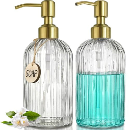 JASAI 2PACK 18Oz Fluted Glass Soap Dispenser with Golden Rust Proof Pump | Refillable Kitchen Soap Dispenser with Vertical Stripe, Bathroom Soap Dispenser for Hand Soap, Dish Soap, liquid Soap, Lotion - color: Clear-golden Pump-2p, size: 2 Pack