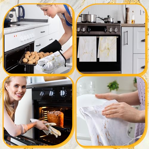 Sratte 6 Pcs Farmhouse Marble Kitchen Towels Pot Holders Oven Mitts Set 2 Dish Towels 2 Potholders 2 Cooking Mittens Oven Glove for Cooking Baking Grilling Supply (White, Gold) - color: White, Gold