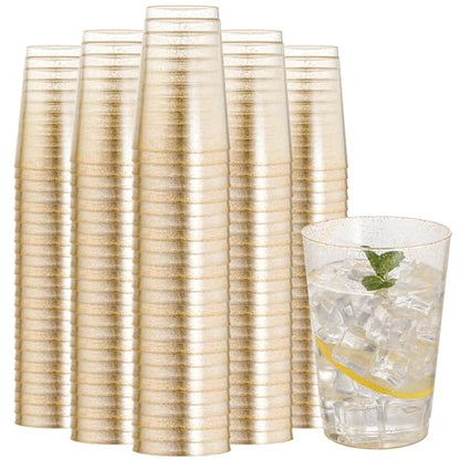 I00000 200 Pack 12 oz Gold Glitter Cups, Premium Clear Disposable Gold Cups | Gold Plastic Wine Glasses, Cocktail Glasses, Heavy Duty, Elegant Glitter Plastic Cups for Birthday, Wedding & Party - color: Glitter-12oz-200