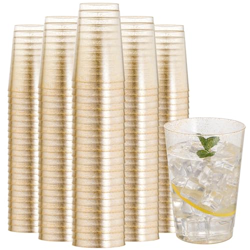 I00000 200 Pack 12 oz Gold Glitter Cups, Premium Clear Disposable Gold Cups | Gold Plastic Wine Glasses, Cocktail Glasses, Heavy Duty, Elegant Glitter Plastic Cups for Birthday, Wedding & Party - color: Glitter-12oz-200
