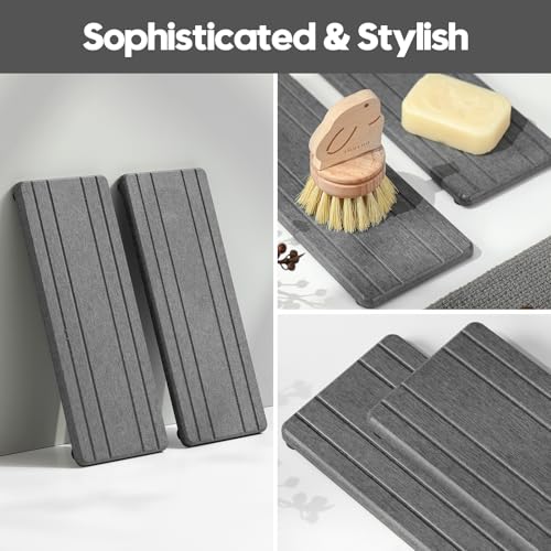 2PCS Diatomite Quick Stone Drying Tray Mat For Bathroom & Kitchen Counter, Instant Dry Water Absorbent Drink Bar Coaster,Vanity Sink Caddy Organizer,Dish Soap Sponge Holder, Dark Gray,9"x3.5" - color: 2pack-9"x 3.5" - Dark Gray