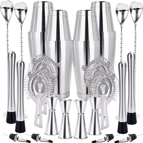 24 Pcs Shaker Set Stainless Steel Cocktail Drink 18 oz&28 oz Shaker Tin with Strainer Jigger Long Spoon Muddler Bottle Pourer Mixed Alcohol Tool for Beginner Bartender Kit