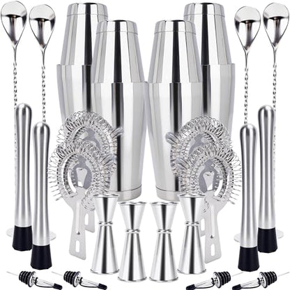 24 Pcs Shaker Set Stainless Steel Cocktail Drink 18 oz&28 oz Shaker Tin with Strainer Jigger Long Spoon Muddler Bottle Pourer Mixed Alcohol Tool for Beginner Bartender Kit