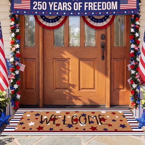 Tinideya 2 Pcs Long 4th of July Layered Outdoor Doormat Set, 250th Anniversary Patriotic Star Coir Welcome Mat with Red White Blue Stripe Rug for Independence Day Front Porch Entryway Home Decor - style: Star
