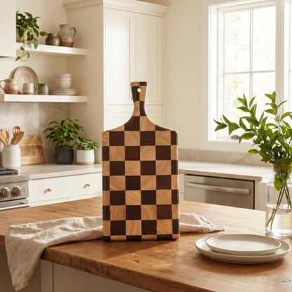 Checkered Wooden Cutting Board with Handle | 15" x 7" x 1" Thick | Acacia & Rubber Wood | Cheese & Charcuterie Serving Board | Meat, Bread, Fruit & Vegetable Prep - color: Checkered Paddle
