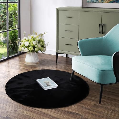 Latepis Black Round Rug 3ft Fluffy Faux Rabbit Fur Furry Shag Rug Washable Circle Plush Cute Rugs for Living Room, Dorm, Nursery, Kids Room Cute Rugs for Bedroom - color: Black, size: 3' (Round)