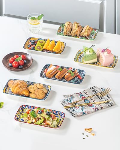 Boho Ceramic Rectangular Appetizer & Sushi Plates Set of 6, 8 Inch | Ideal for Desserts, Cake, Fruit, Snacks & Small Side Dishes, Microwave & Dishwasher Safe, Assorted Patterns - size: 8 Inch