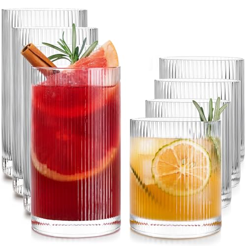 Drinking Water Glass Cups Set,Crystal Clear ribbed Glass set of 8,17oz&12oz | Unique Design Vintage Cocktail Glass, Tall Glass Cups Ideal for Ice Coffee Cup, Whiskey, Mixed Drinkware - style: Retro