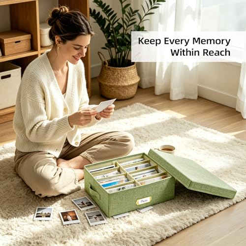 Collapsible Photo Storage Box, Adjustable Dividers - Grass Green, 35cm - color: Grass Green, size: 13.78"x11"x 5.12"