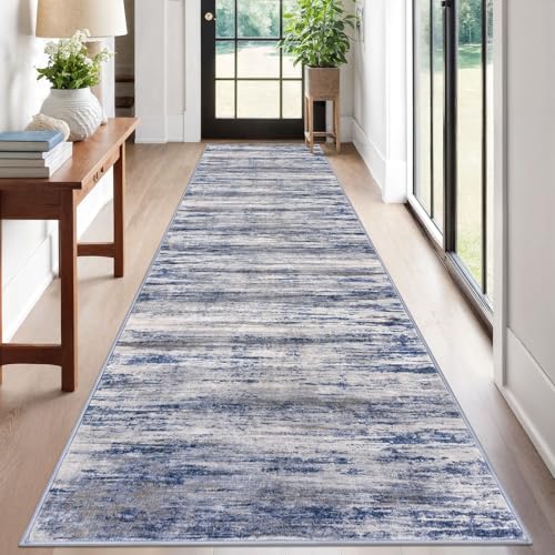 KOZYFLY Modern Abstract Washable Rug Runner 2.6x12 Hallway Rug Runner Non-Slip Soft Kitchen Runner Rugs, Grey-Blue Striped Carpet for Entryway Bathroom Laundry Room Foyer - color: Blue-grey, size: 2'8" x 12' (Runner)