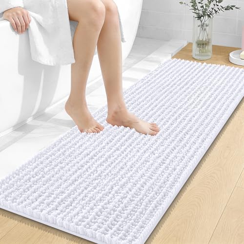 OLANLY Bathroom Runner Rugs 47x17, Thick Soft Absorbent Chenille Bath Rugs | White, Quick-Drying Rubber Backing, Long Shaggy Bath Mat, Machine Washable for Floor, Tub and Shower, Home Decor Accessories - color: White, size: 47" x 17"