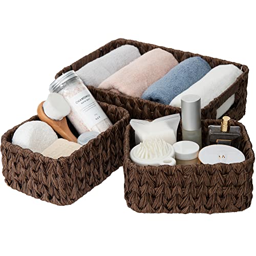 GRANNY SAYS Small Wicker Baskets for Shelves, Wicker Baskets for Storage | Small Woven Storage Baskets for Shelf, Rattan Basket for Organizing, Wicker Basket Set, 3-Pack Small Waterproof Baskets - color: Brown, size: 13"L x 9"W x 4"H + 2x 7¾"L x 5¾"W x 3½