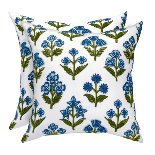 Alysheer Summer Floral Embroidered Decorative Throw Pillow Covers 18"x 18" Set of 2, Farmhouse Blue Green Flowers Block Patterned Cotton Cushion Cases for Couch Bed Living Room Decor - color: Block Blue, size: 18" x 18" (Pack of 2)
