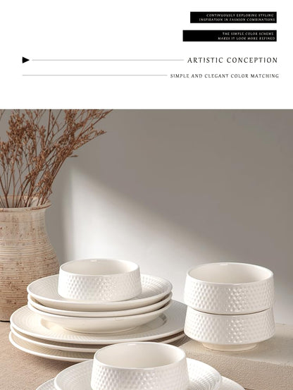 4-piece set, ceramic, embossed B design plate and bowl set, microwave and dishwasher tableware set, shatterproof and scratch resistant dinner set, irregular edge design, white - color: style - 11