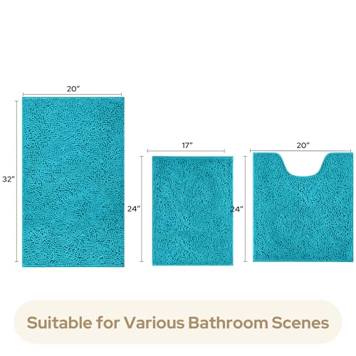 HOMEIDEAS 3 Pieces Bathroom Rugs, Extra Large Ultra Soft Non Slip Absorbent Chenille Toilet Bath Mat Set (Teal Blue) - color: Teal Blue, size: 17"x24"+20"x32"+U Shape 20"x24"