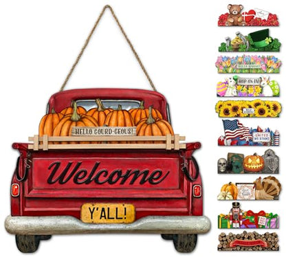 Interchangeable Welcome Sign for Front Door Red Farmhouse Truck Decor Hanging Sign with 11 Interchangeable Seasonal and Holiday Decor Signs 12x14 in. (Country Rustic) - style: Country Rustic