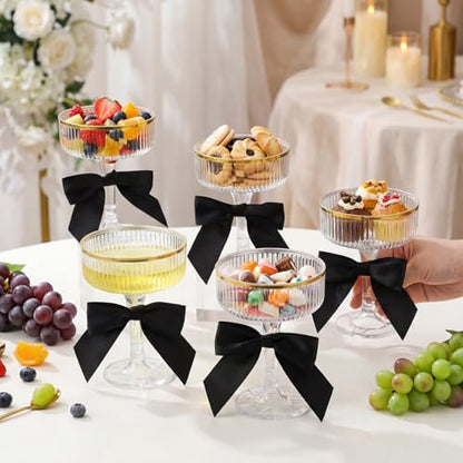Set of 24 Plastic Champagne Coupe Glasses with Bow 7 oz Gold Champagne Tower Set Stackable Acrylic Ribbed Martini Glasses Cocktail Coupe Cup for Wedding Birthday Party Bar (Ribbon,Black) - color: Black, style: Ribbon