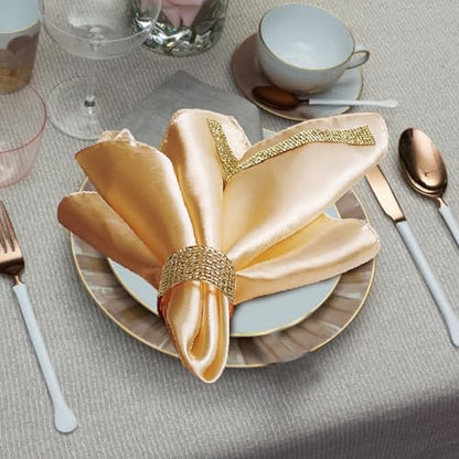 12 Pack Cloth Napkins and Gold Napkin Rings Set of 6, 17x17 Bling Trim Satin Cocktail Napkins Cloth Washable Personalized Dinner Napkins for Wedding Party Holiday Decorative | 17x17 Inch Personalized Gold Napkins Set, Washable Fancy Dinner & Cocktail Napk