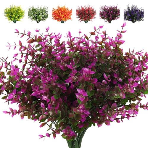 RECUTMS Artificial Spring Flower,Fake Outdoor UV Resistant Eucalyptus Plant | Faux Flowers for Outdoor Planters,Faux Plastic Greenery Shrubs Indoor Hanging Planter Home Kitchen Wedding,Garden Decor,8 Pcs - color: Fuchsia Eucalyptus, size: 8 Pcs
