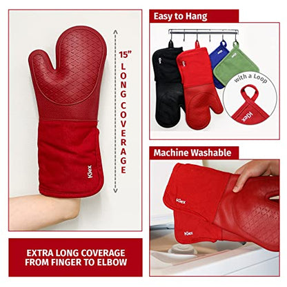 Klex Extra Long Silicone Oven Mitts and Pot Holders, 932°F Degrees Heat Resistance with Quilted Liner Oven Gloves and Hot Pads, 4 Piece Set, 15 inch, Red