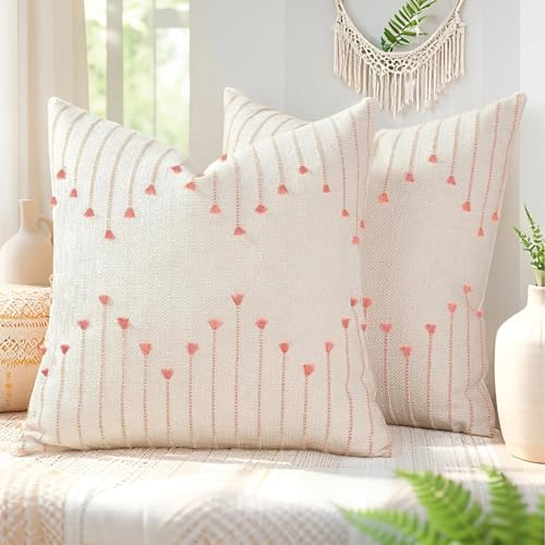 ZONYO Boho Throw Pillow Covers 20x20 Set of 2, Textured Woven Cotton Decorative Cushion Covers with Fringe Tassel, Fade Resistant Washable for Couch Sofa Bed Patio, Outdoor Farmhouse Decor, Pink - color: Pink, size: 20" x 20" (Pack of 2)