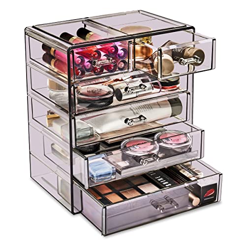 Sorbus Acrylic Makeup Organizer Set, 6-Drawer Vanity & Countertop Cosmetic Storage with Small & Wide Drawers, Purple Makeup Storage for Brushes, Lipsticks, Jewelry – Holiday Gift for Women & Teens - color: Purple, style: 4 Large, 2 Small Drawers