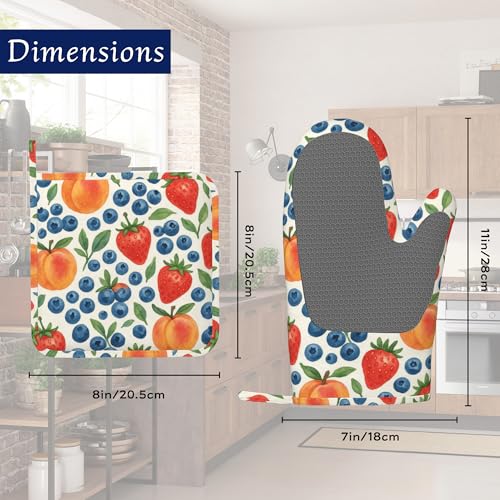 Tropical Fruit Oven Mitts and Pot Holders Strawberry Peach Blueberry Silicone Kitchen Accessories Set of 4 Heat Resistant Non-Slip Long Gloves Potholder for Chef Cooking Baking Gifts Women Men - color: Tropical Fruit,strawberry Peach Blueberry