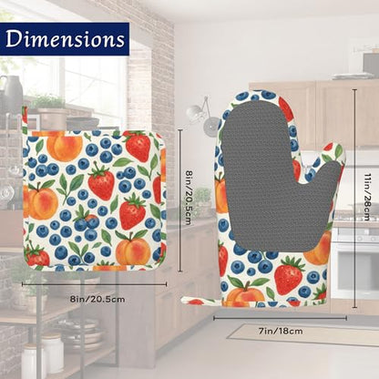 Tropical Fruit Oven Mitts and Pot Holders Strawberry Peach Blueberry Silicone Kitchen Accessories Set of 4 Heat Resistant Non-Slip Long Gloves Potholder for Chef Cooking Baking Gifts Women Men - color: Tropical Fruit,strawberry Peach Blueberry