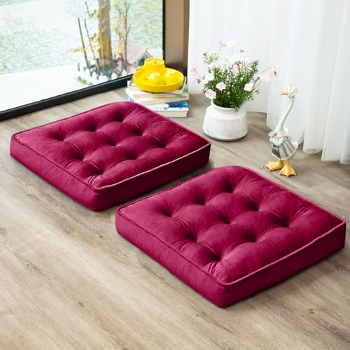 1 MIDDLE ONE Floor Pillow Set of 2, Memory Foam Meditation Cushion, Floor Cushions for Adults Sitting, Large Square Seat Cushions for Yoga, Living Room, 22x22 Inch (Burgundy) - color: Burgundy, size: 22x22 Inch(Pack of 2)