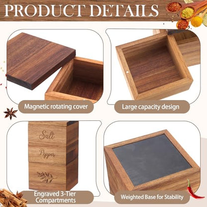 3 Tier Acacia Wood Salt Cellar, Square Swivel Triple Pepper Storage Box, Spice Box with with Magnetic Swivel Lids, Seasoning Holder for Salt, Herbs, and Spices, Grilling & Cooking