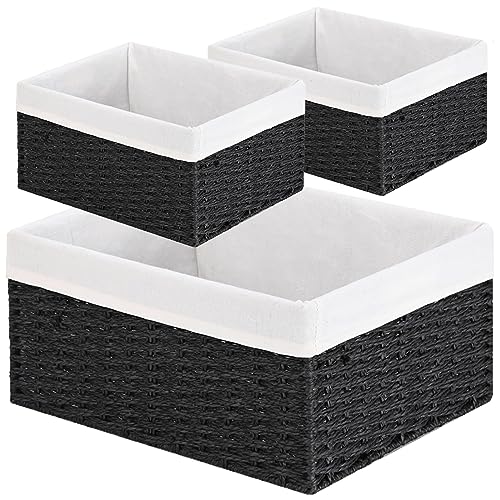 Storage Basket, 3-Pack Woven Paper Rope Wicker Baskets for Storage with Handles, 15 Inches Large Cube Storage Bins Woven Storage Baskets with Liners for Shelves Organizing & Decor, Black - color: Black