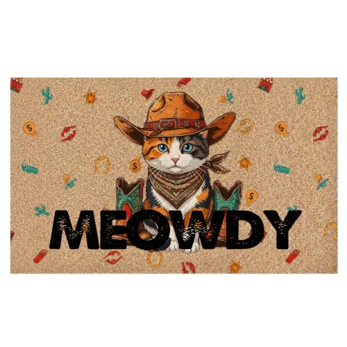 Funny Western Cat Faux Coco Coir Doormat Door Mat 17x30 Inch | Meowdy Southwestern Cowboy Cat Decorative Welcome Doormat for Home Indoor Outdoor Porch Front Door Entrance Outside - color: Western Cat