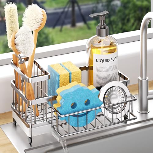 Consumest Sponge Holder for Kitchen Sink - Auto Draining Sink Caddy Organizer with Detachable Rack, High Brush Holder, Kitchen Countertop Storage Accessories, Silver - color: Silver, size: Large