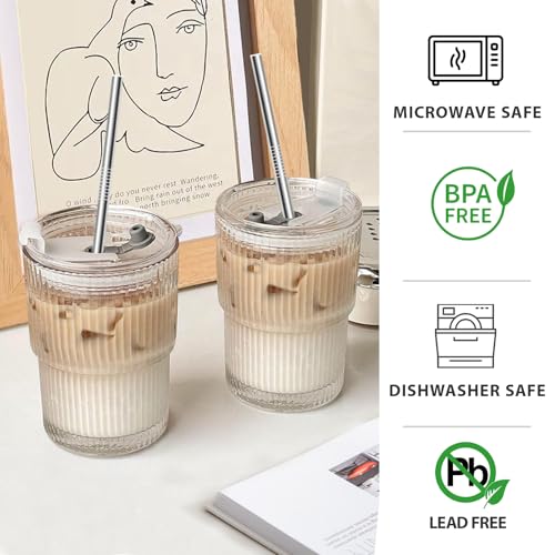 13 OZ Glass Cups with Lids and Straws, Iced Coffee Cups with Lids, Clear Ribbed Glassware for Coffee Smoothie Cocktail Ice Tea, Glass Tumbler with Straw and Lid, Set of 4